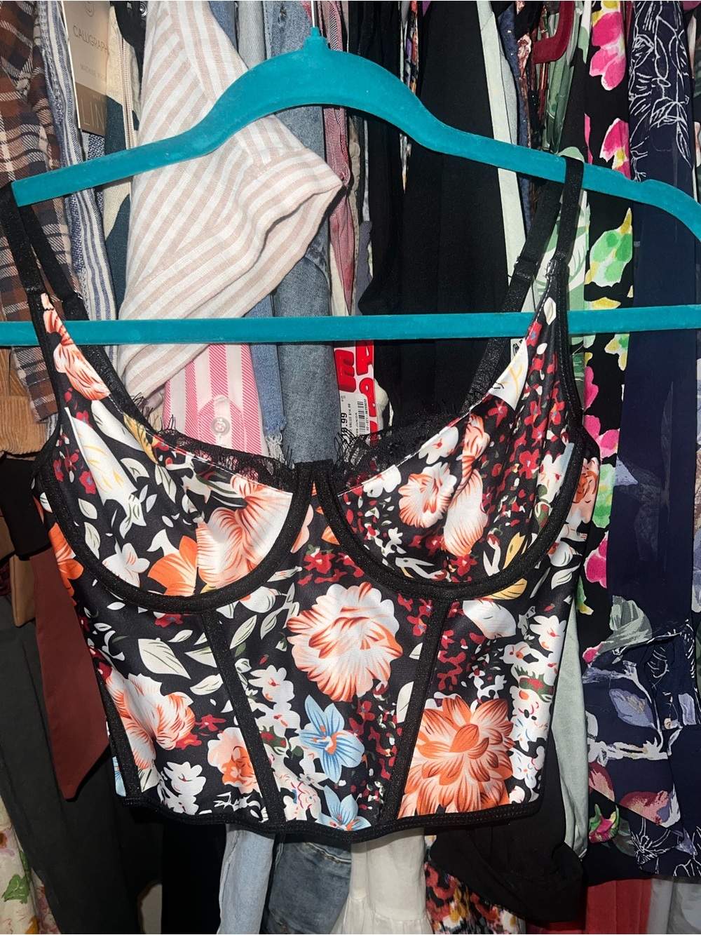 SHEIN Black Floral Lace-Trim Crop Top with Orange & Blue Flowers